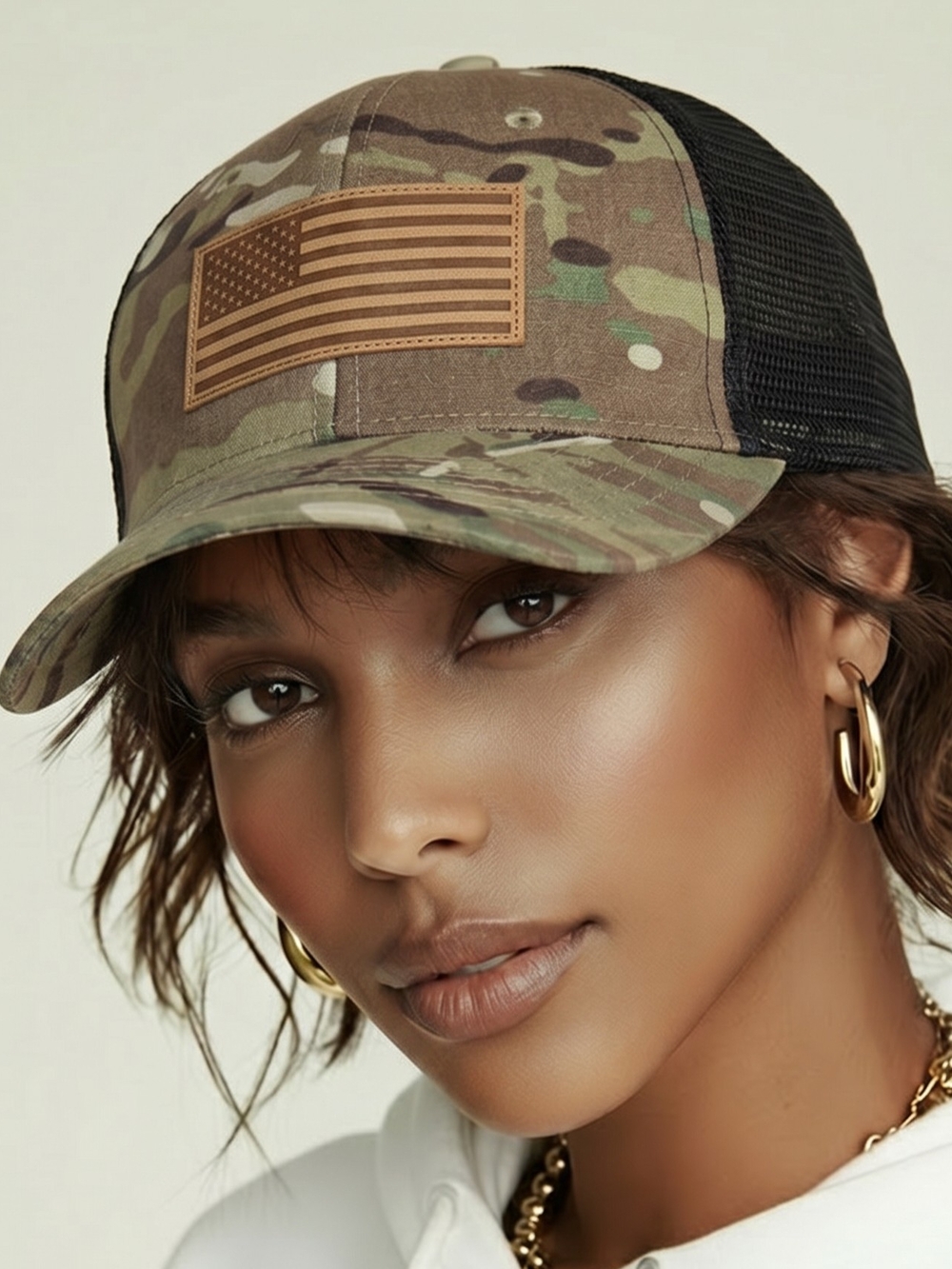 Infinity Headwear OSFM Trucker Cap Camouflage A Brown Leather US Flag Patch